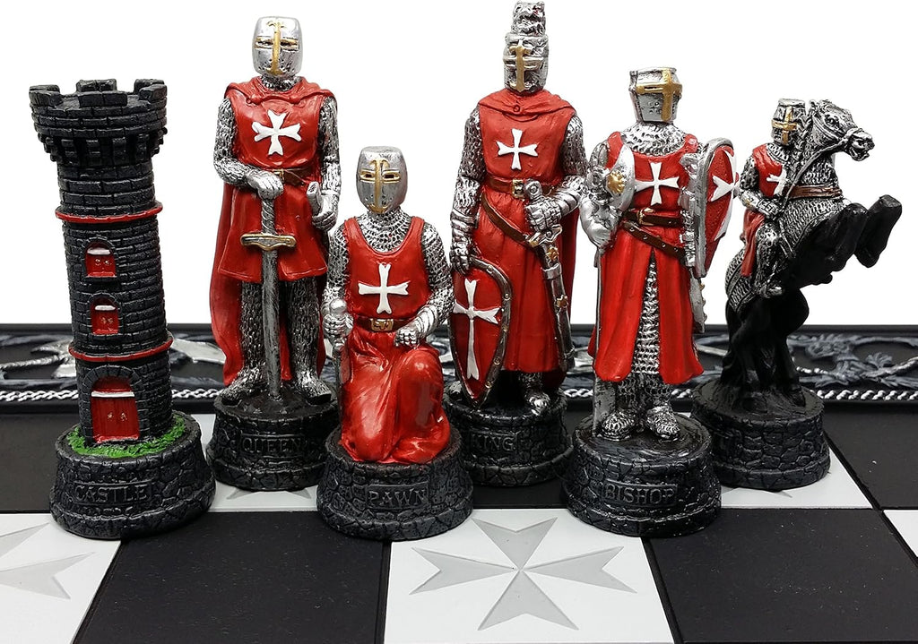 Medieval Times Crusades Red and White Armored Maltese Knights Chess Set with 17" Board