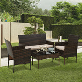 4 Pieces Patio Furniture Set Rattan Outside Furniture Wicker Sofa Garden Conversation Sets with Soft Cushion and Glass