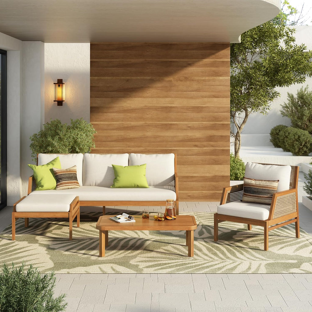 4-Piece Acacia Wood Patio Furniture Set, Outdoor Wicker Furniture Sectional Sofa Set with Coffee Table, 5 Seats Sofa