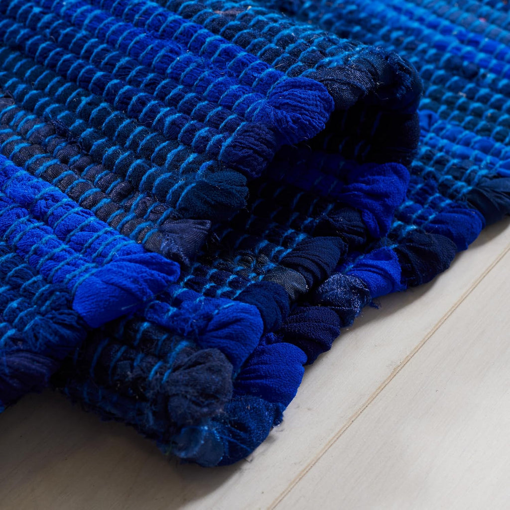 Rag Rug Collection Runner Rug - 2'3" x 11', Blue & Multi, Handmade Cotton, Boho Stripe Pattern, Ideal, Foyer