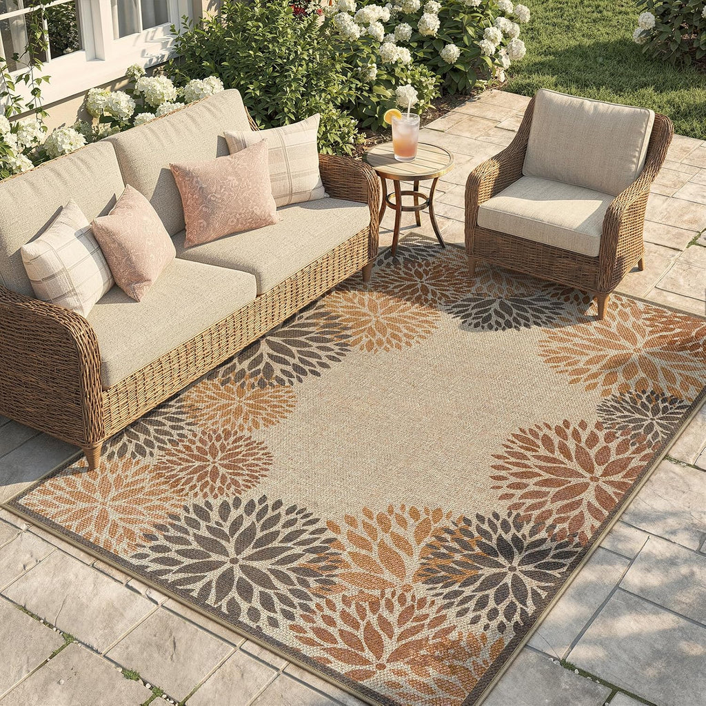 Modern Easy Jute Outdoor Rug, Washable Area Rugs Patio Floral Indoor Outdoor Rug, Boho Farmhouse Non Slip Carpet