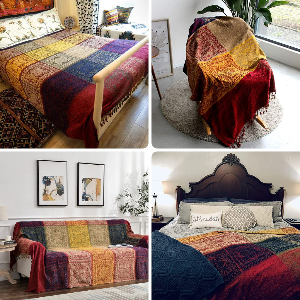 Boho Throw Blanket, Chenille Jacquard Tassels Throw Blankets for Bed Couch Soft Chair, Bohemian Fringe Tassels (Red