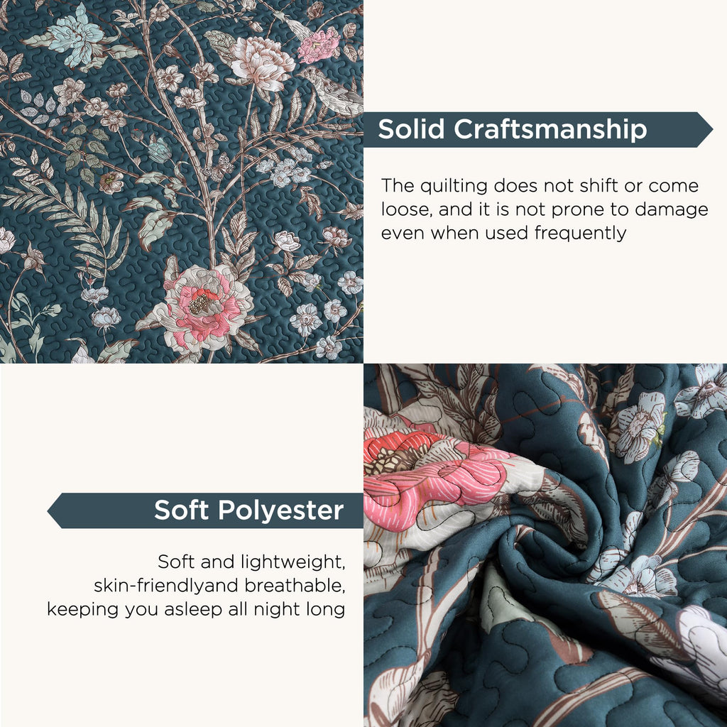 Floral Teal Quilt Oversized King - 3Pcs Botanical Birds Bed Set