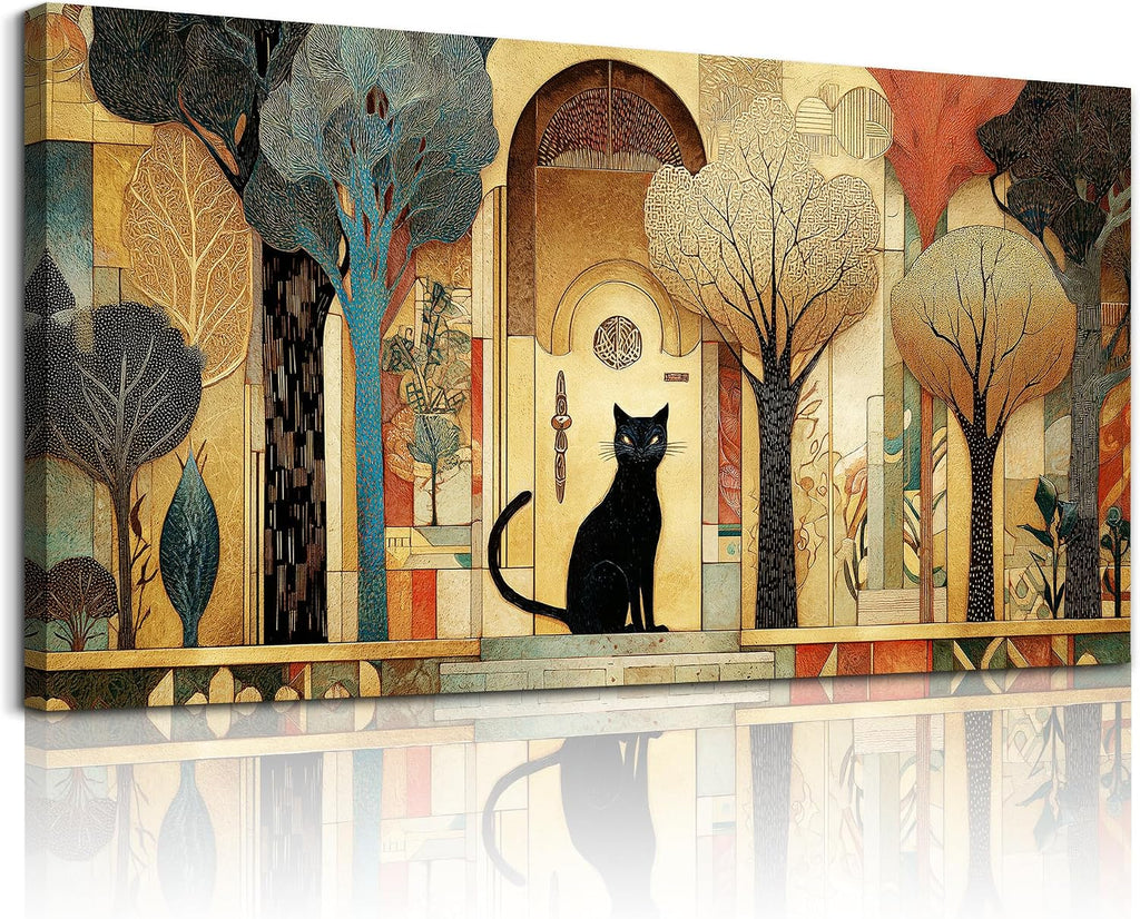 Large Canvas Wall Art Cat Abstract Pictures Vintage Nature Wall Art Modern Farmhouse Cottage Artwork Gold Trees City
