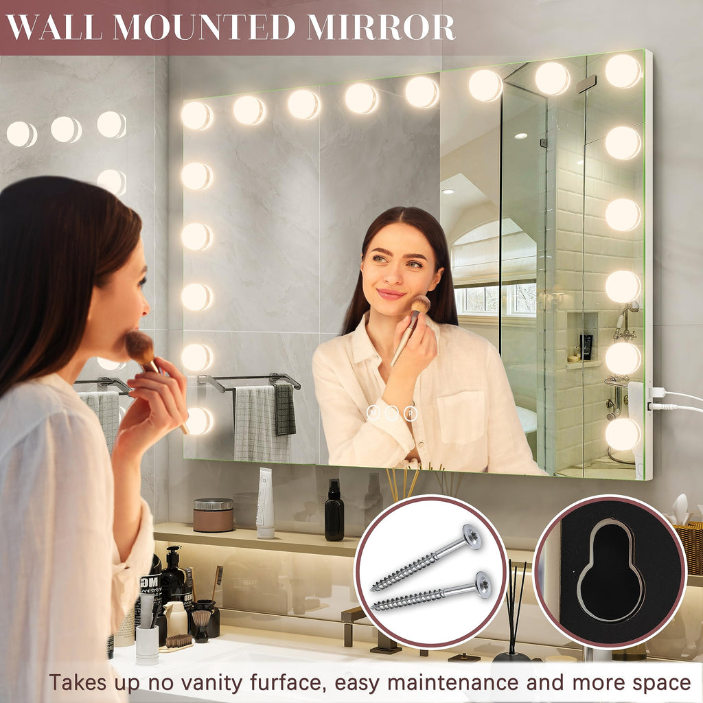 32"x24" Hollywood Vanity Mirror with Lights, 15 Dimmable LED Bulbs, 3 Color Modes, 10X Magnification, USB Charging