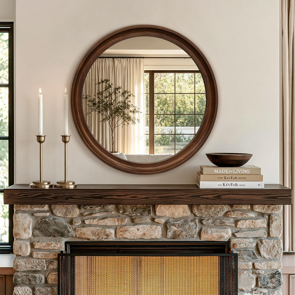 Round Wood Mirror, 26" Circle Mirror with Wooden Frame, Walnut Brown