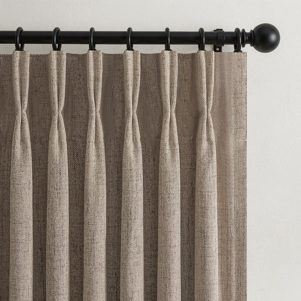 Extra Long 132 Inch Dark Flax Blackout Curtains for High End Living Room Floor Length Windows, Brown Heavy Large Pinch