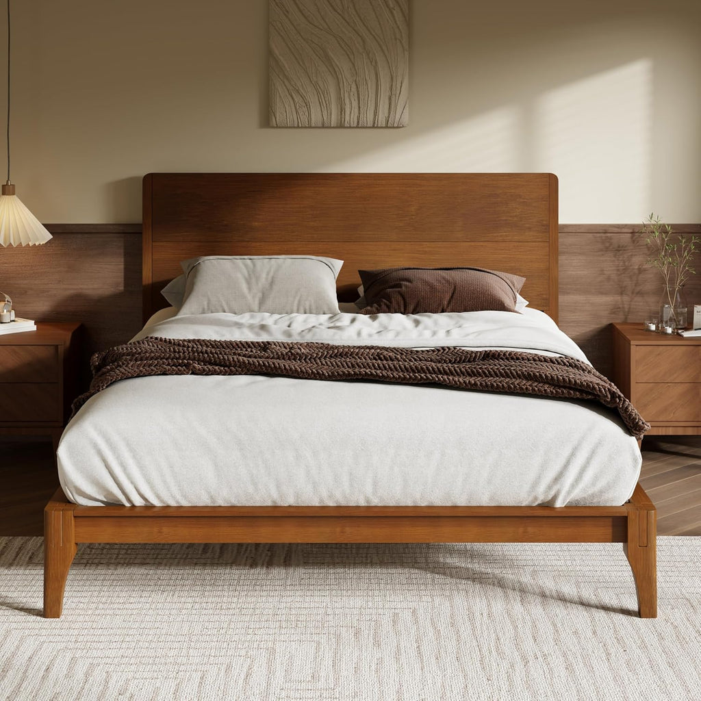 Queen Bamboo Platform Bed, Mid-Century Modern Bed Frame with Tall Headboard, Solid Sustainable Bedframe Queen-size