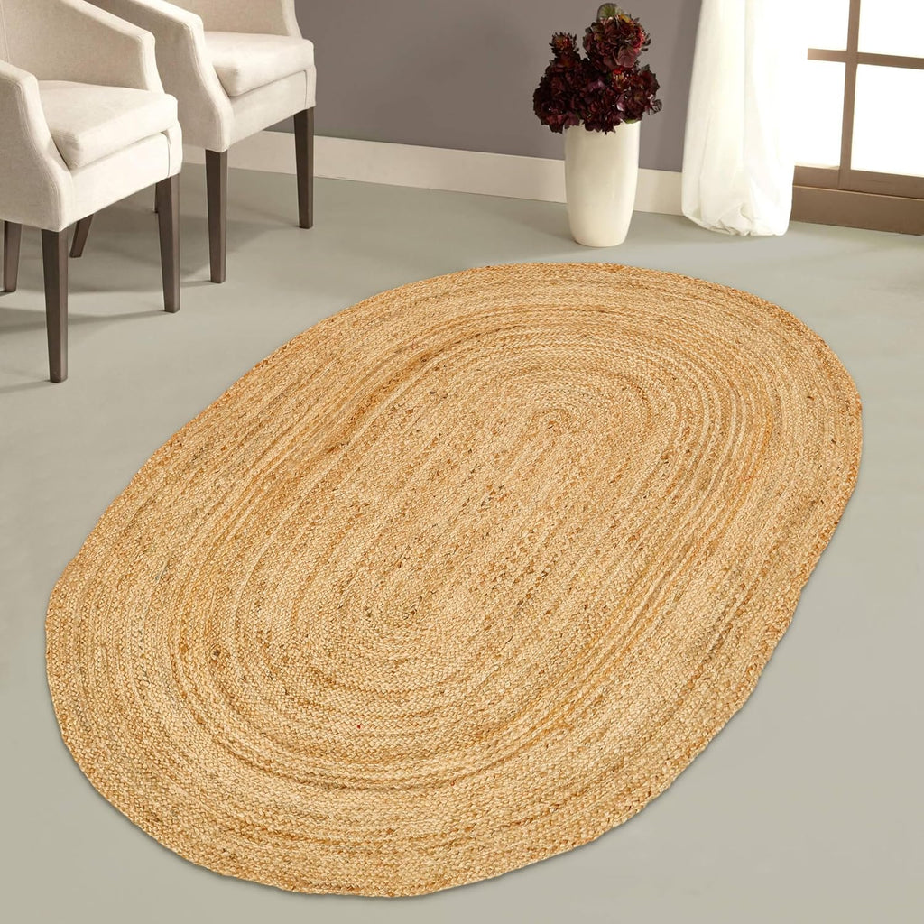 Hand Woven Jute Area Rug - 5' x 8' Feet - Rustic Beige Reversible Oval Rugs - Vintage Natural Braided Entry Floor