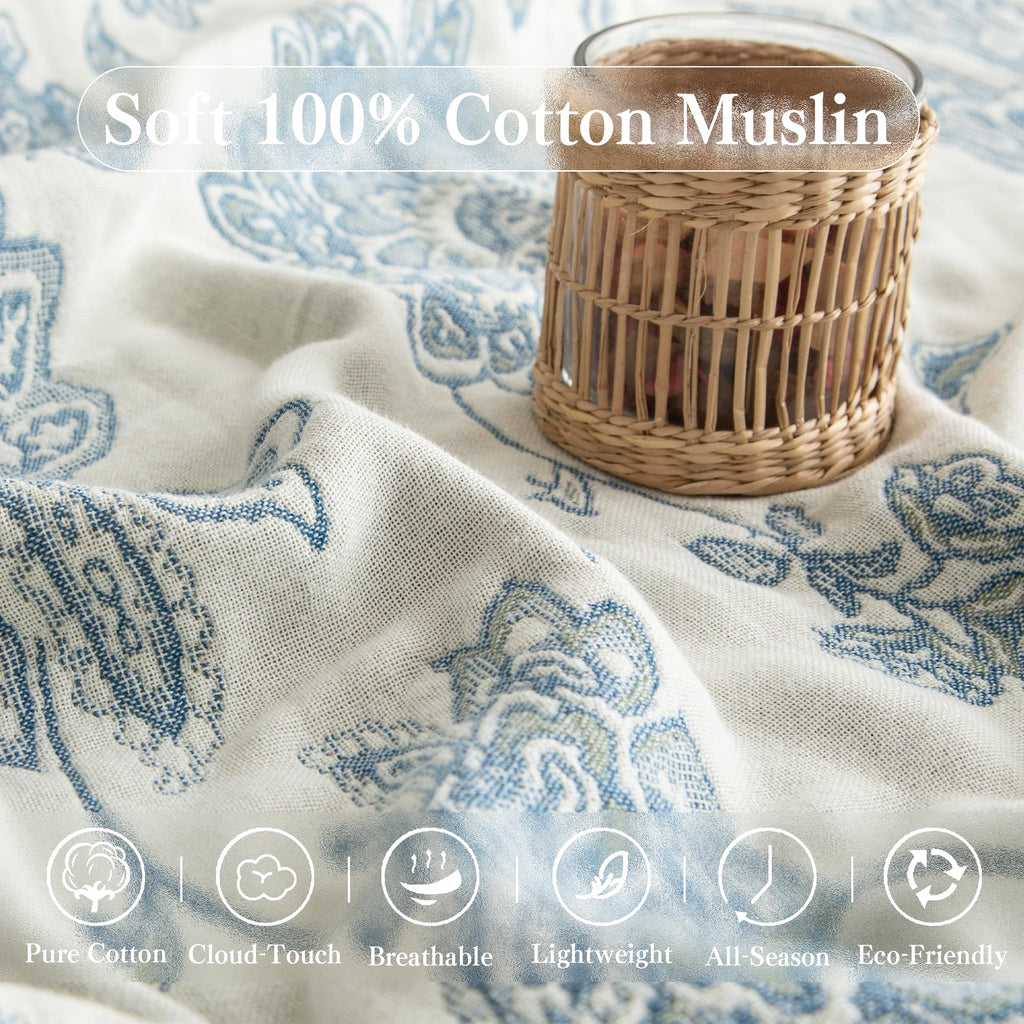 Boho Throw Blanket Full Size, Extra Large Soft Cozy Cotton Muslin Quilt Blanket for Bed Decor, Floral Patterned Couch