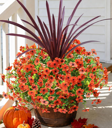 Fall Flowers Artificial Mums for Outdoors Autumn Decor, 12 Bundles Orange Fake Fall Mums with Burgundy Orchid - Set of 13