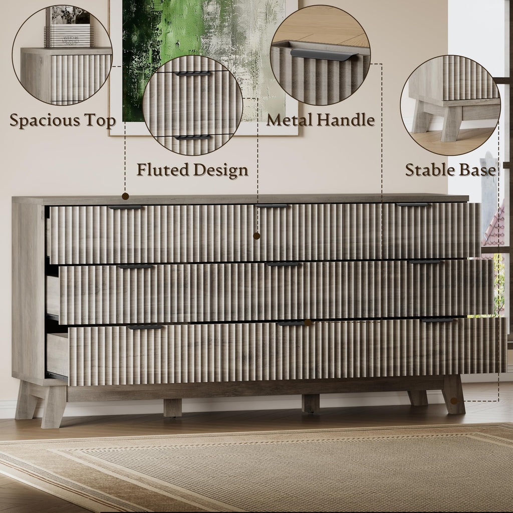 63" Long Dresser, 9-Drawer Fluted Dresser, Extra-Wide Wood Chest of Drawers with Smooth Metal Slides, Stable Base