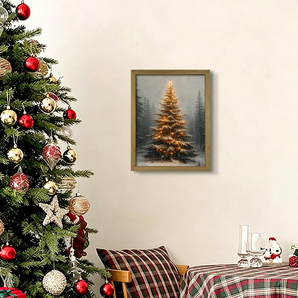 Vintage Christmas Tree Wall Art, Lighted Christmas Tree Canvas Prints, Pine Botanical Aesthetic Picture Poster