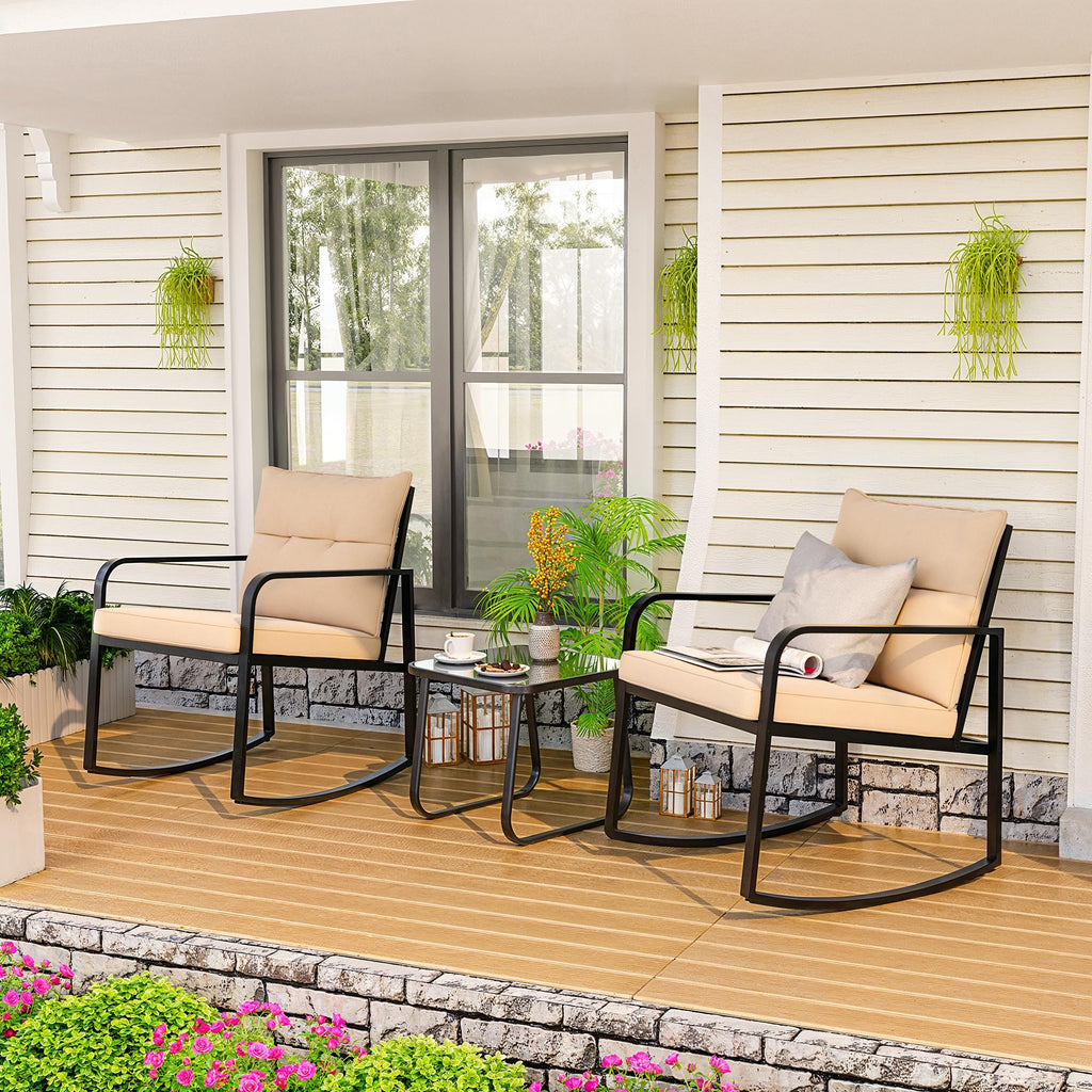 3 Pcs Rocking Bistro Set, Black Steel Patio Furniture, Beige Cushion
