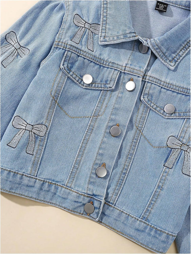 Girl's Bow Embroidered Denim Jacket Long Sleeve Button Down Jean Jacket Cute Outerwear