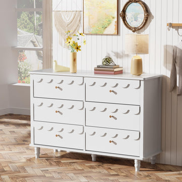 Scalloped White 6 Drawer for Girls, Modern Wide Chest of Drawers, Organizer Storage with Drawers, Fluted Petal