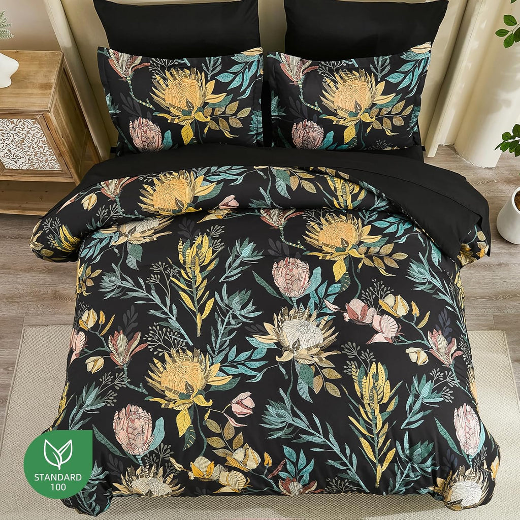 Luxudecor Queen Comforter Set 7 Pieces Bedding Sets, Black Floral Comforter and Sheet Set