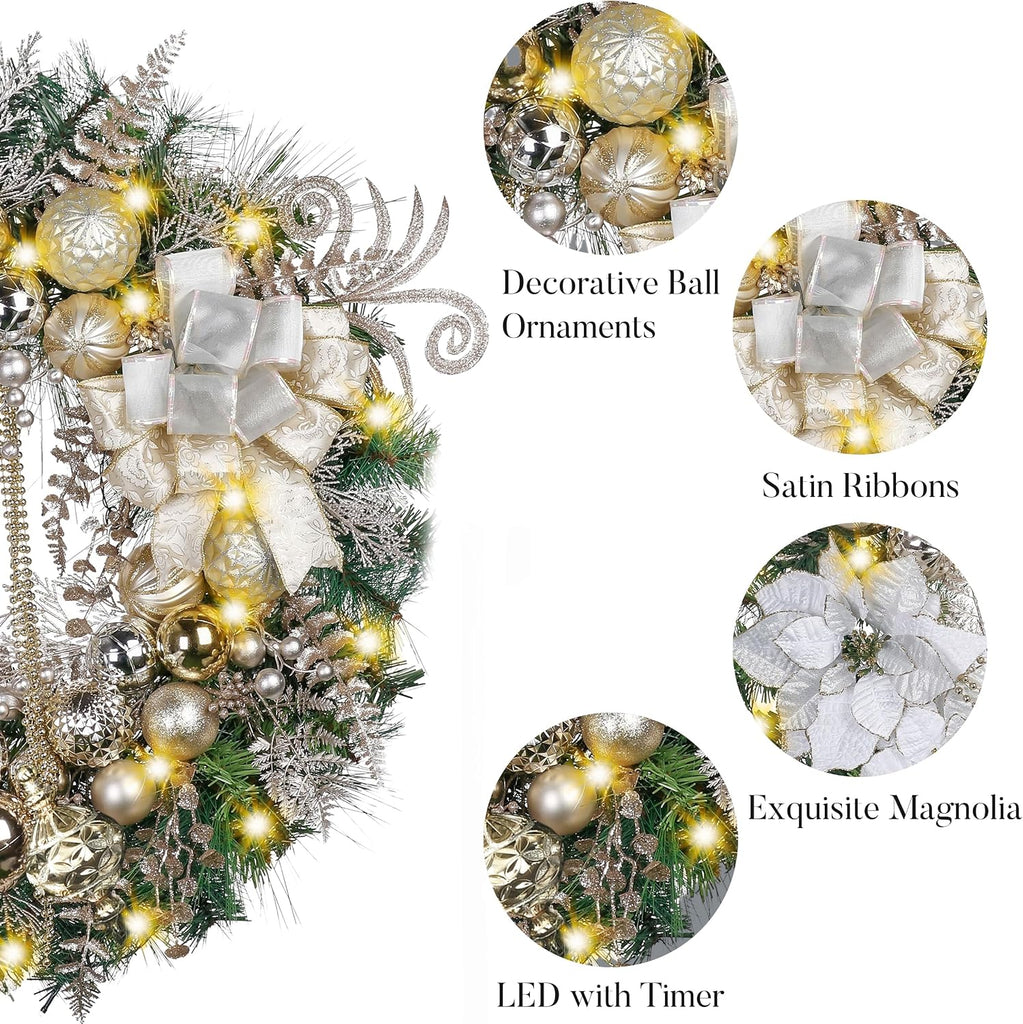 30'' Pre-Lit Christmas Wreath for Front Door with Light, Large Lighted Outdoor Christmas Wreath with White Gold Xmas