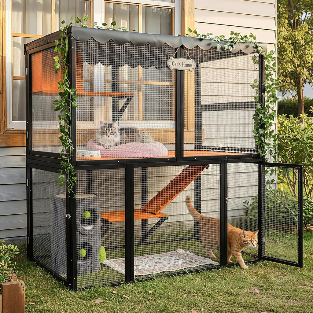 Wooden Outdoor Cat Enclosure, 4-Tier Large Cat House, Multi-Cat Catio with Waterproof Roof, Ramp, and Multiple Access
