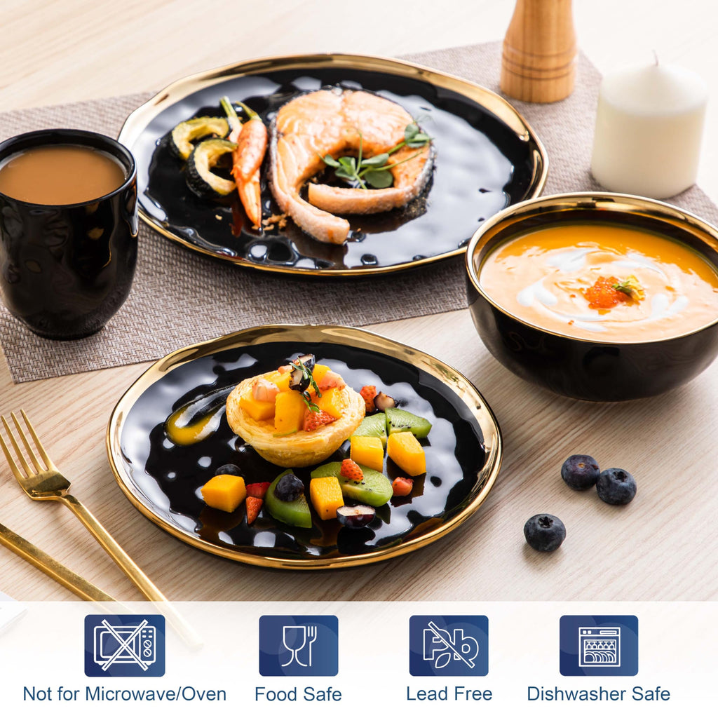 16 Pieces Plates and Bowls Sets, Porcelain Black and Gold Dinnerware Sets, Round Dinner Plates Dishes Set Service for