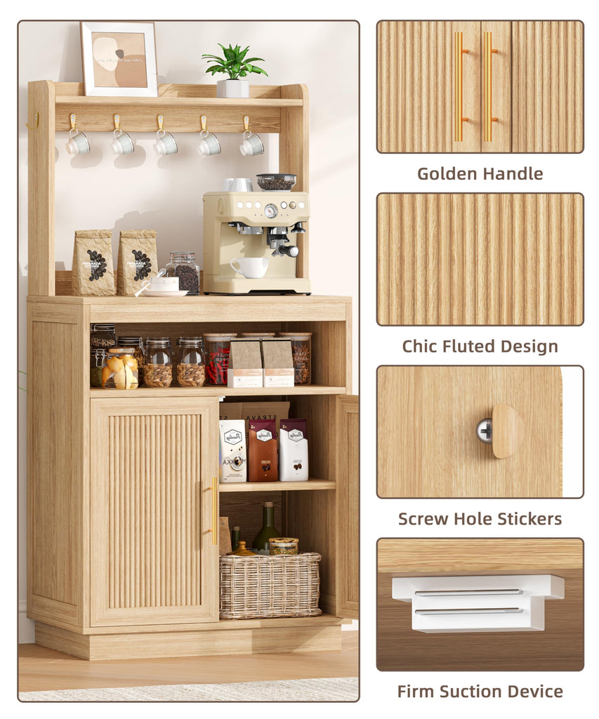 Fluted Coffee Bar Cabinet, Buffet Coffee Station with Hutch