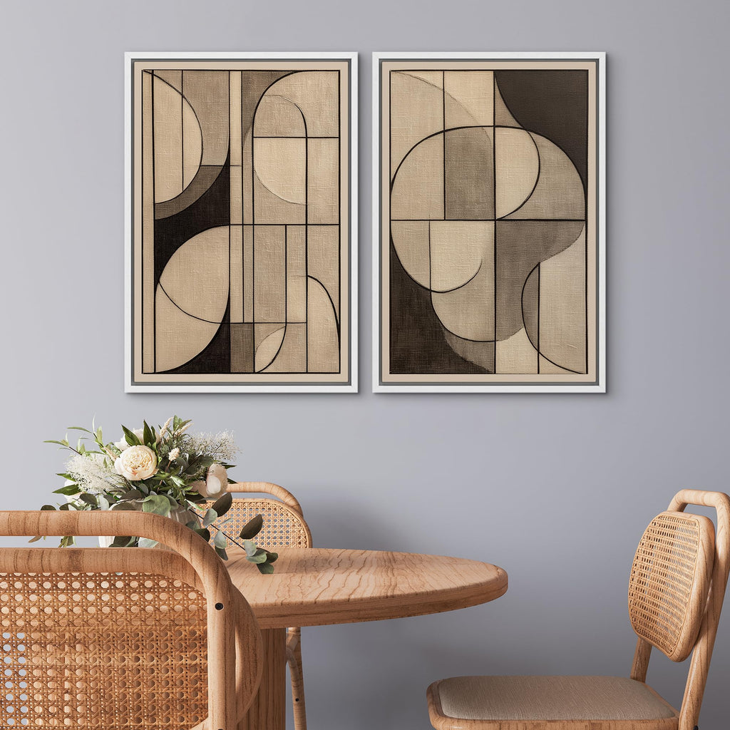 Framed Canvas Print Wall Art Set Neutral Beige Brown Geometric Abstract Shapes Illustrations Modern Art Rustic Ultra