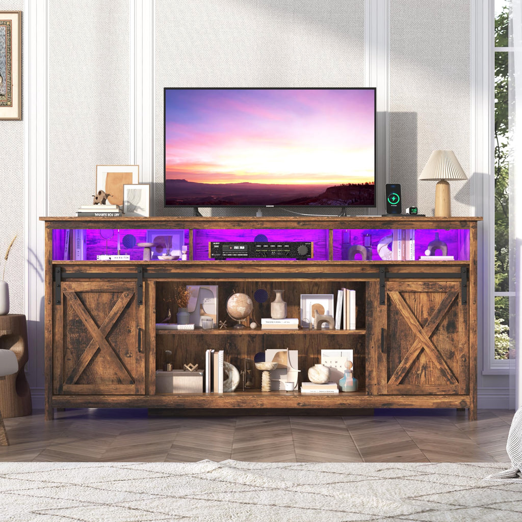 Farmhouse TV Stand for 80/75 Inch TV with Power Outlet, Entertainment Center with Storage and Sliding Barn Doors