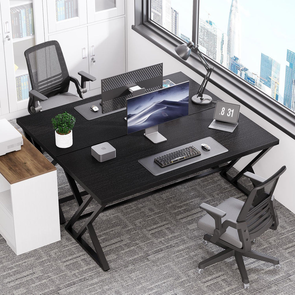 55 Inch Black Modern Computer Office Desk Metal & Wood Writing Desks