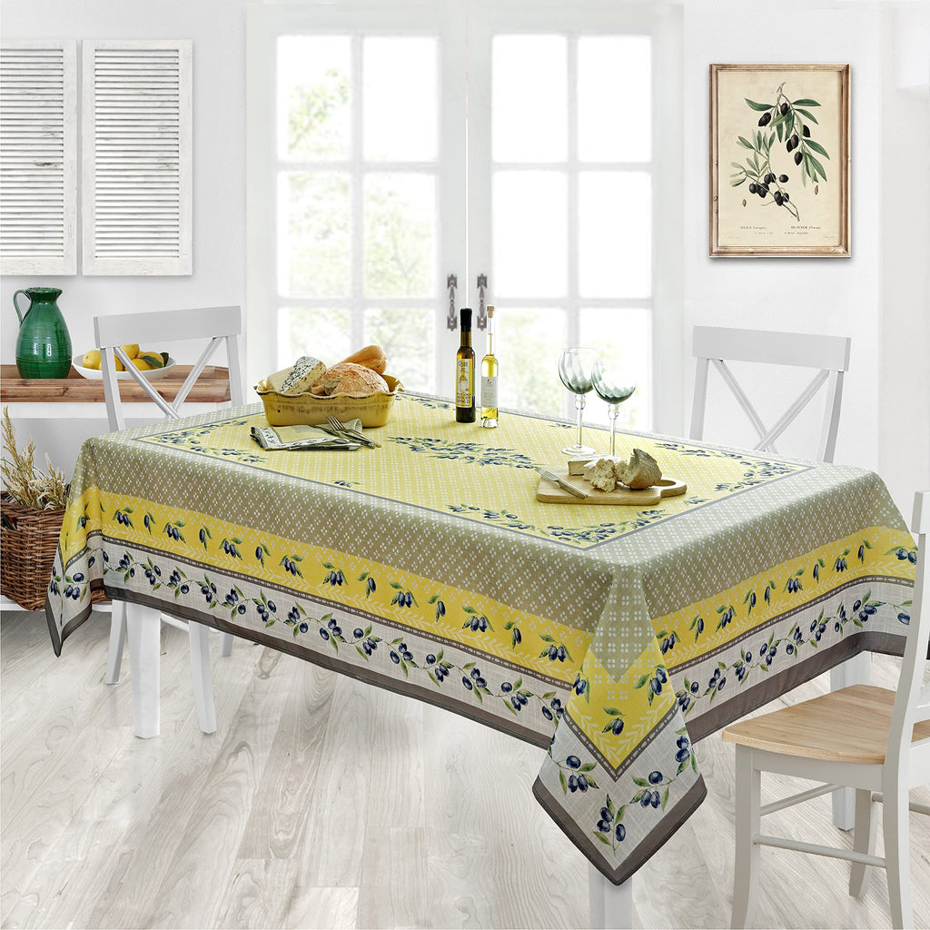 Rectangle Fabric Tablecloth, 52 x 70 Inch, Olivier Yellow and Grey Olive Print, Stain and Water Resistant Fabric