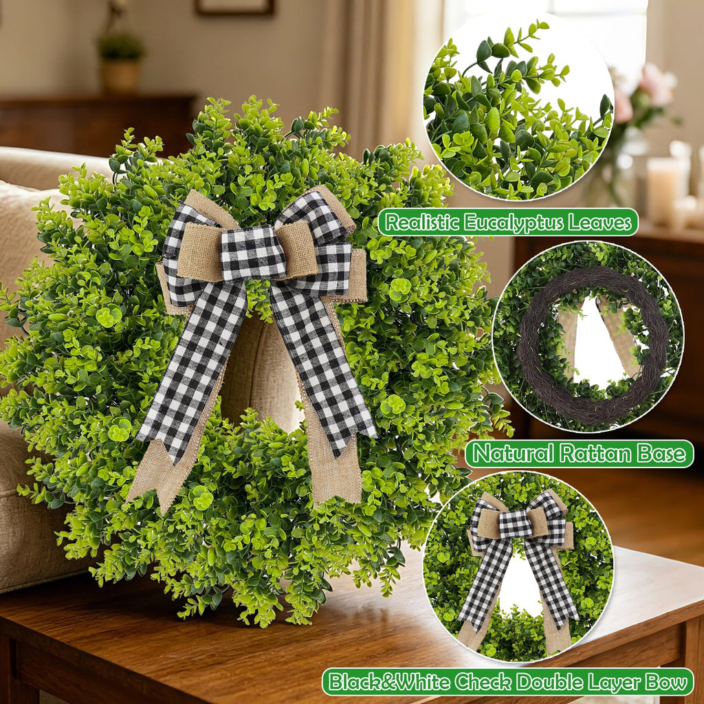 28" Large Boxwood Wreath, All Season Wreaths for Front Door Greenery Wreath with Fabric Plaid Bow for Wall Window