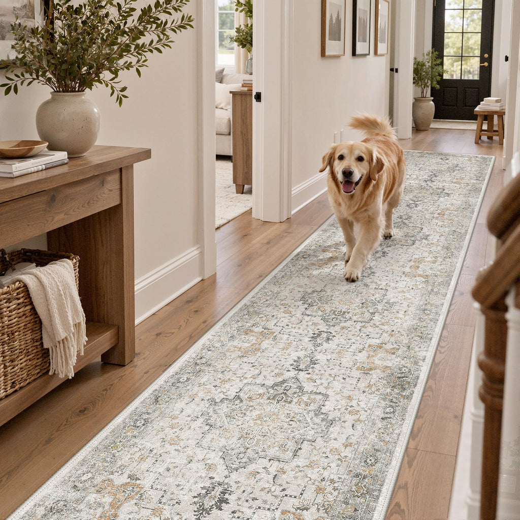 3x14 Washable Runner Rug Non Slip, Gray Beige