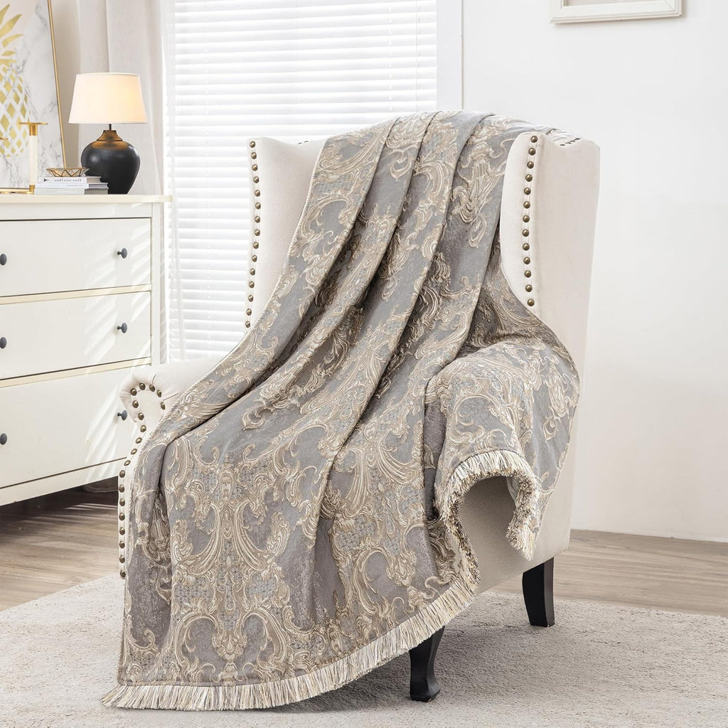 Luxury Throw Blanket, Jacquard Bed Throws Soft Lightweight Velvet Fall Blankets with Fringes Trim, 52x72 Inches)