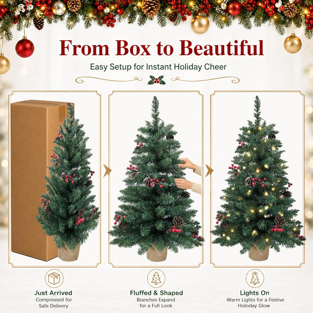 3ft Pre-Lit Artificial Mini Christmas Tree, Battery Operated Xmas Tree