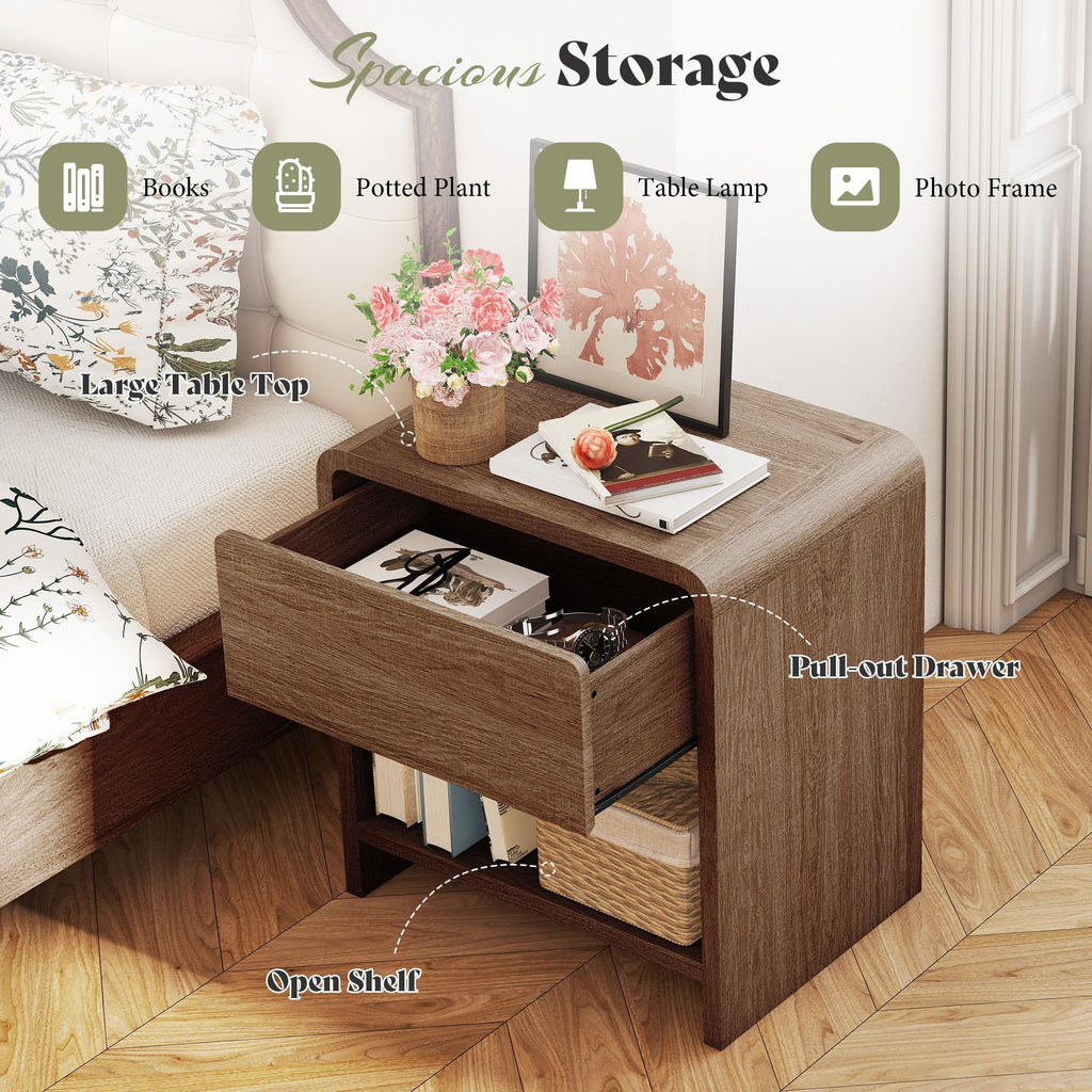 Nightstands Set of 2 with Storage Drawer & Shelves, Walnut