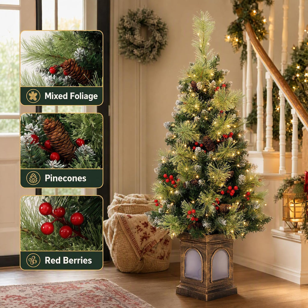 4 FT Pre-Lit Artificial Christmas Tree with Lantern-Style Base