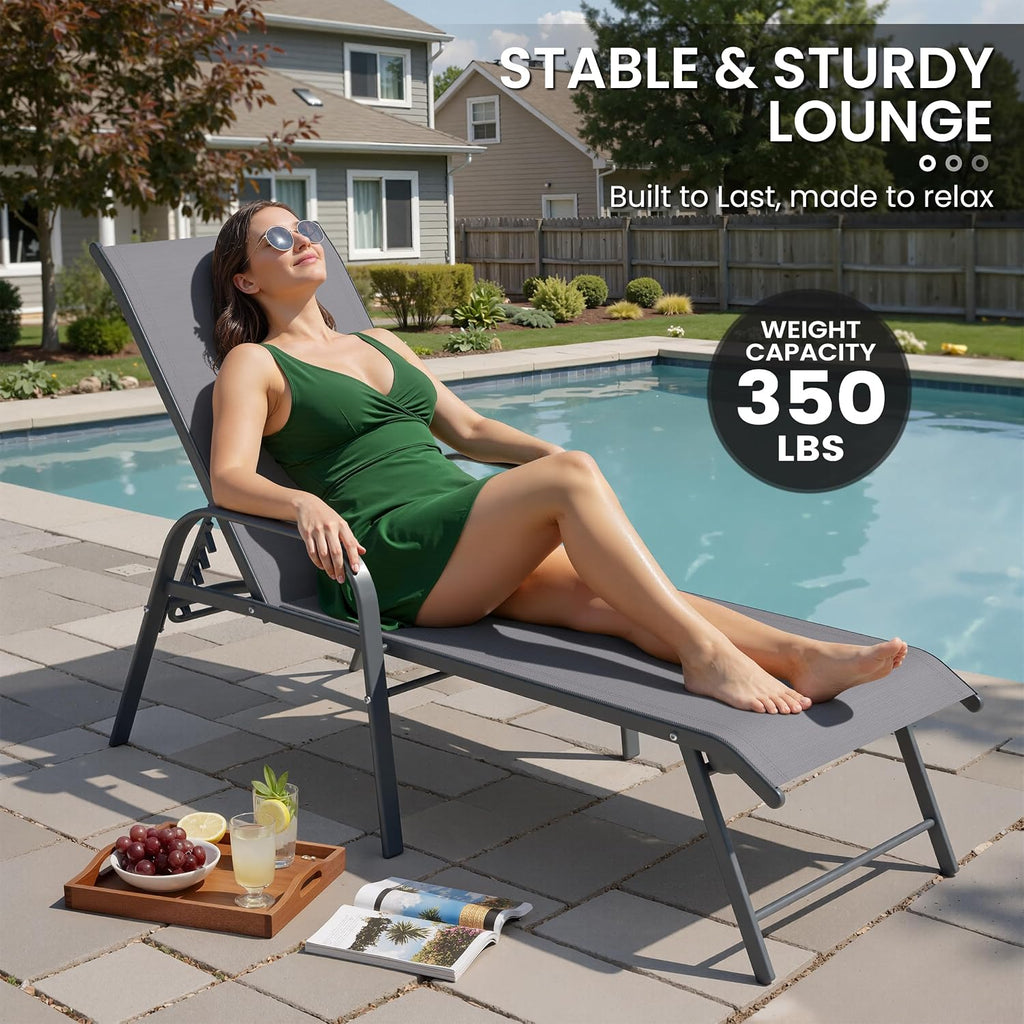 Chaise Lounge Outdoor, Aluminum Pool Lounge Chairs Set of 4 (Gray) | 5-Position Adjustable Backrest with Armrests