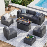 8 Piece Patio Furniture Set with 44” Fire Pit Table Wicker Rattan Patio Sectional Sofa Set Outdoor Seating