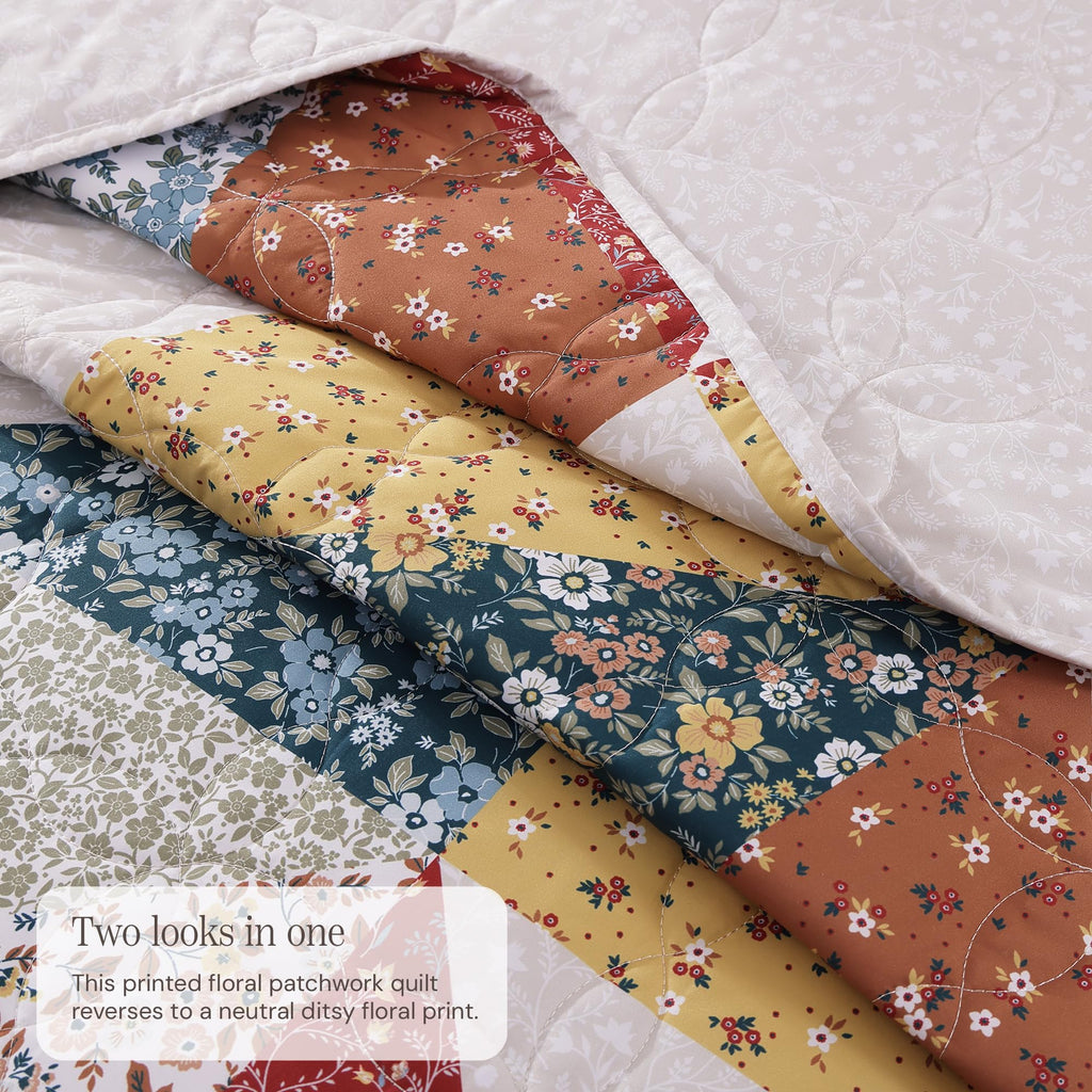 Quilt Set-3 Pieces Soft Bedding Lightweight Floral Patchwork Coverlet