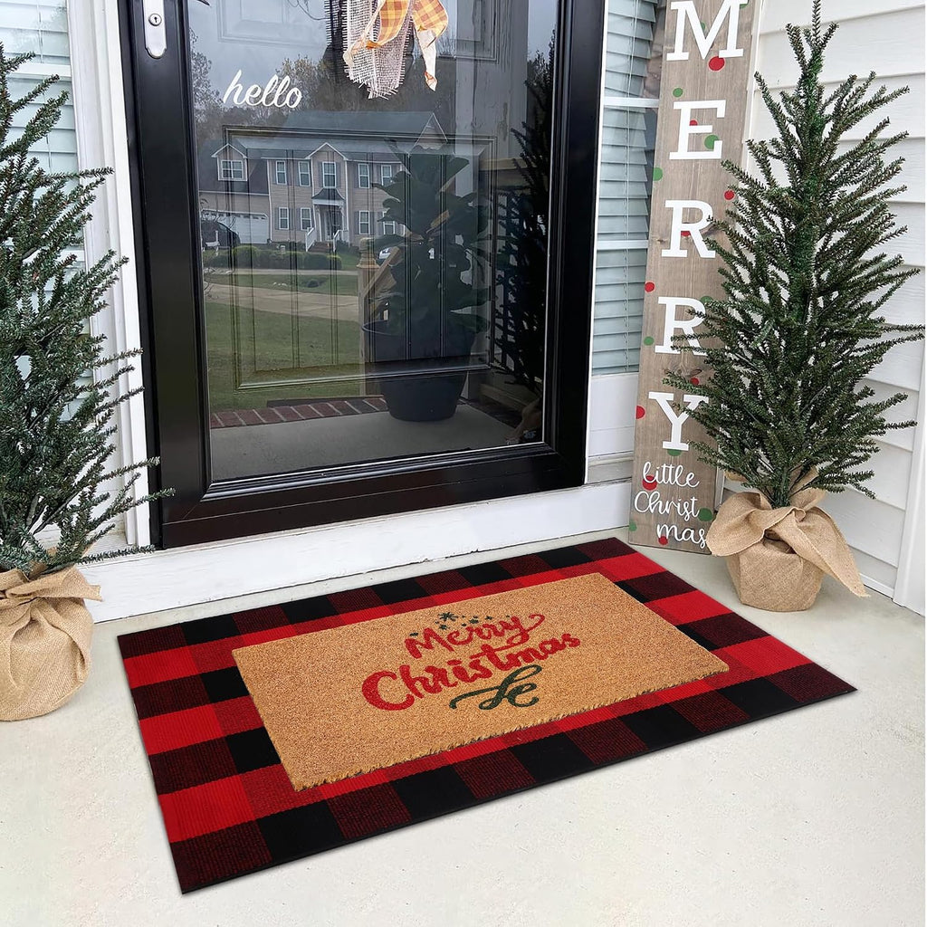 Christmas Door Mat Combo Set - 100% Coco Coir Welcome Mat + 28 x 43 Inch Red and Black Plaid Rug, New Year Holiday