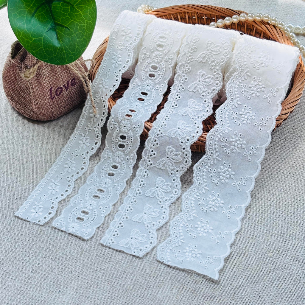 White Cotton Eyelet Lace Ribbon, Floral Embroidery Lace Trim with Wavy Scalloped Edge, Vintage Lace Sewing Trim for