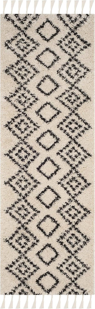 Moroccan Fringe Shag Collection Runner Rug - 2'3" x 9', Cream & Charcoal, Boho Tribal, Non-Shedding & Easy Care