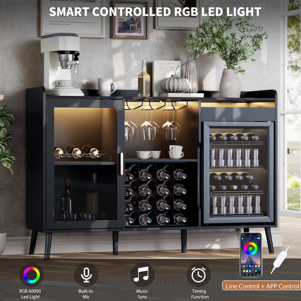 Coffee Bar Cabinet with Fridge Space, Black Wine Cabinets with Power Outlet
