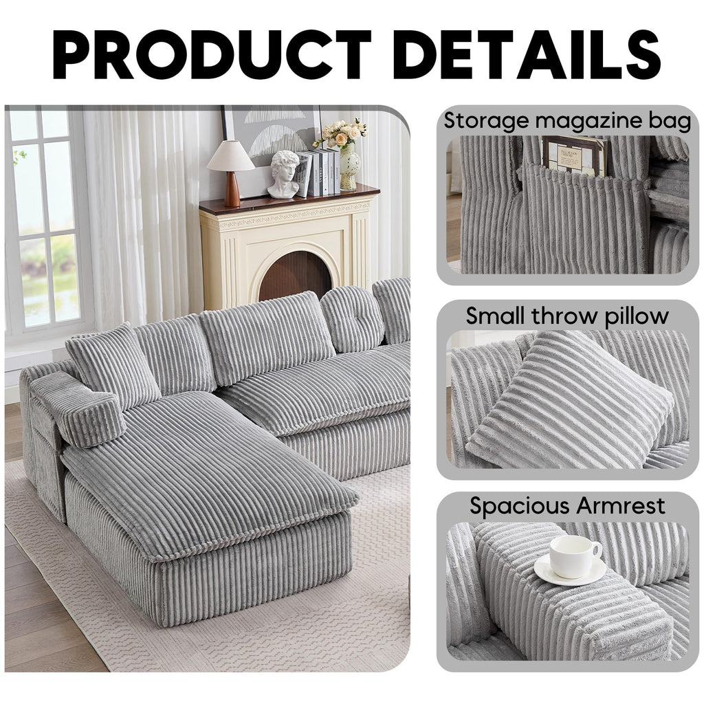 149" Oversized Cloud Boneless Couch with Chaise, Modern U Shape Modular Deep Seat Sectional Sofa, Comfy Corduroy