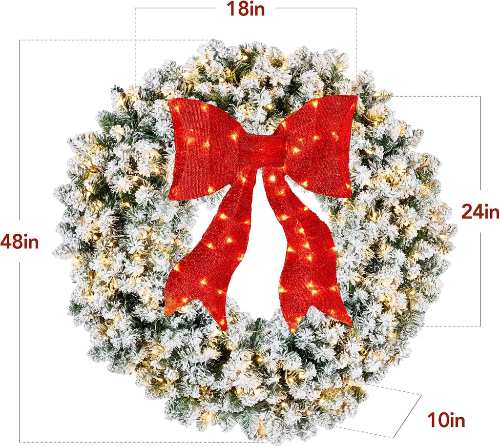 48in Large Flocked Artificial Pre-Lit Fir Christmas Wreath Holiday Accent Decoration for Door, Mantel w/Red Lighted