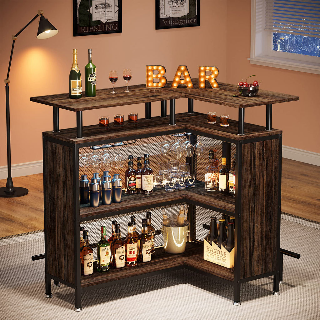Bar Unit, L-Shaped Bar Table with Stemware Racks and 2-Tier Shelves, Corner Mini Coffee Liquor Cabinet with