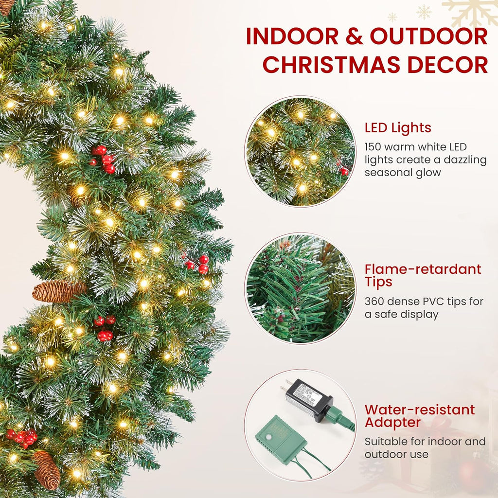 36in Pre-Lit Christmas Wreath Frosted 150 LED Lights, Green