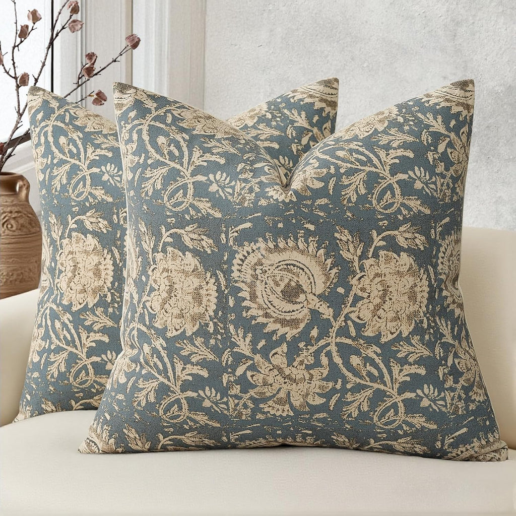 Vintage Floral Print Throw Pillow Covers 18x18 Set of 2 Neutral Modern Farmhouse Pillowcase Accent Decorative Cushion