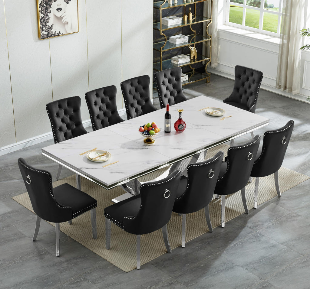 Large 94.5" Marble Dining Table, Luxurious White Dining Room Table with Printed Faux Marble Tabletop and Silver