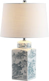 24.5" Blue/White Chinoiserie Ceramic Table Lamp, Traditional Square Ginger Jar Mountain Toile Lamp B