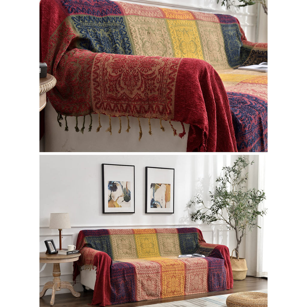 Boho Throw Blanket, Chenille Jacquard Tassels Throw Blankets for Bed Couch Soft Chair, Bohemian Fringe Tassels (Red